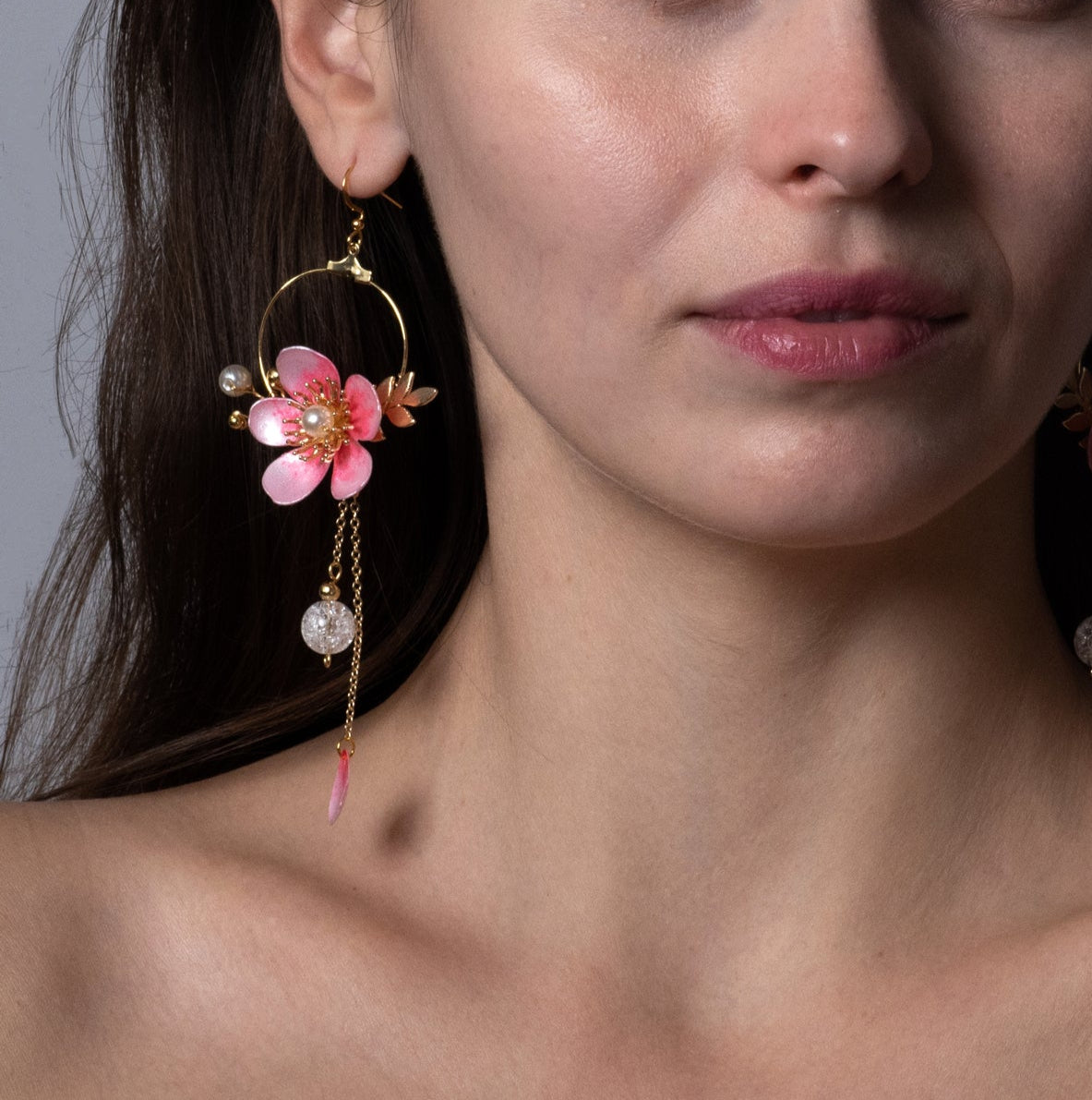 Cherry blossom sakura moon drop earrings on model