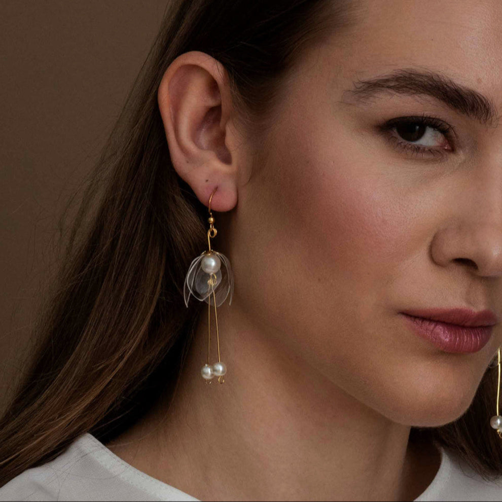 Upcycled Clear Lily Double-Drop Earrings Jewelry Upcycle with Jing