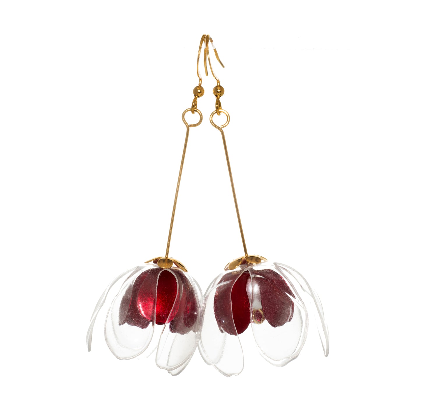 Clear & Red Double-Flower Earrings