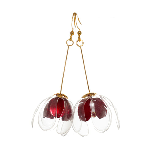 Clear & Red Double-Flower Earrings