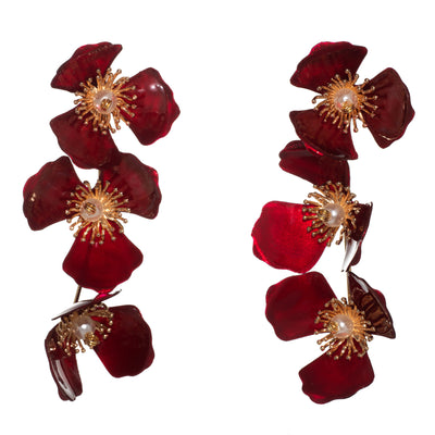 Triple Apple Flower Stud Earrings - Red
