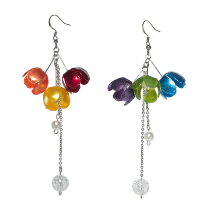 Triple-Flower Drop Earrings Rainbow