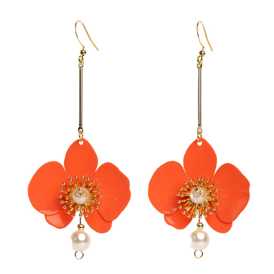 Butterfly Orchid Pearl Earrings - Papaya Orange