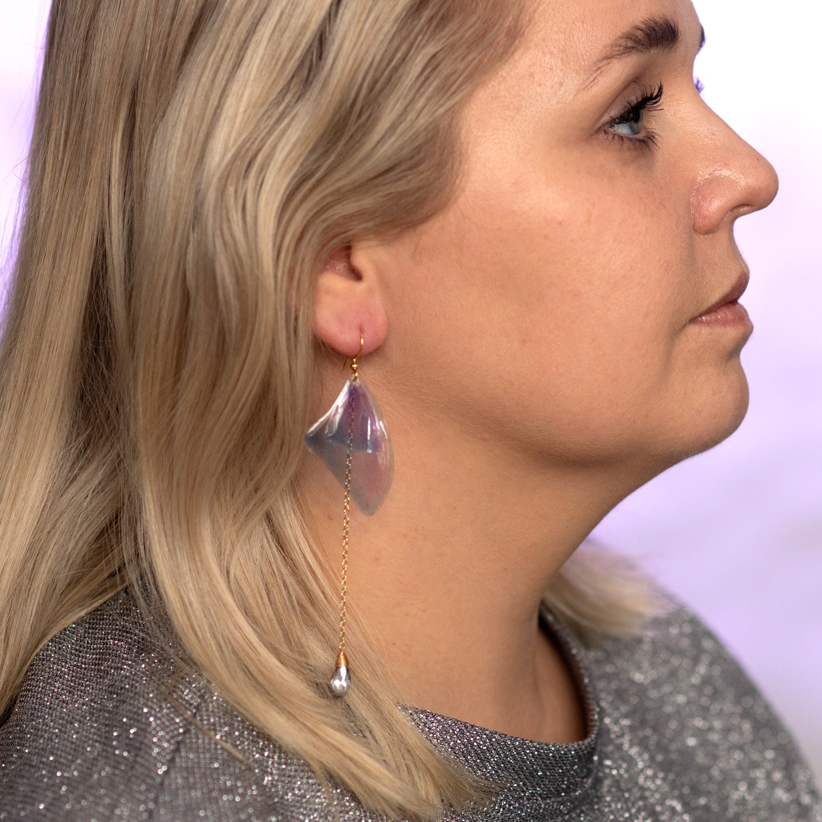 Butterfly fairy wing earrings purple blue model photo