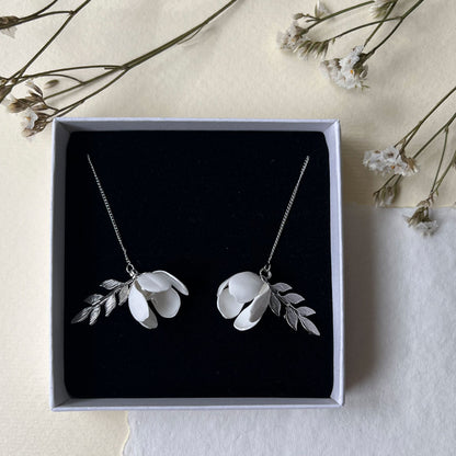 White Flower Adjustable Earrings Earrings Upcycle with Jing Silver Metal Parts 