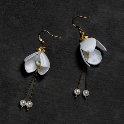 White Lily Double-drop Earrings Jewelry Upcycle with Jing 